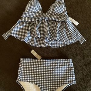 Navy and white checkered 2-piece.  Never warn.